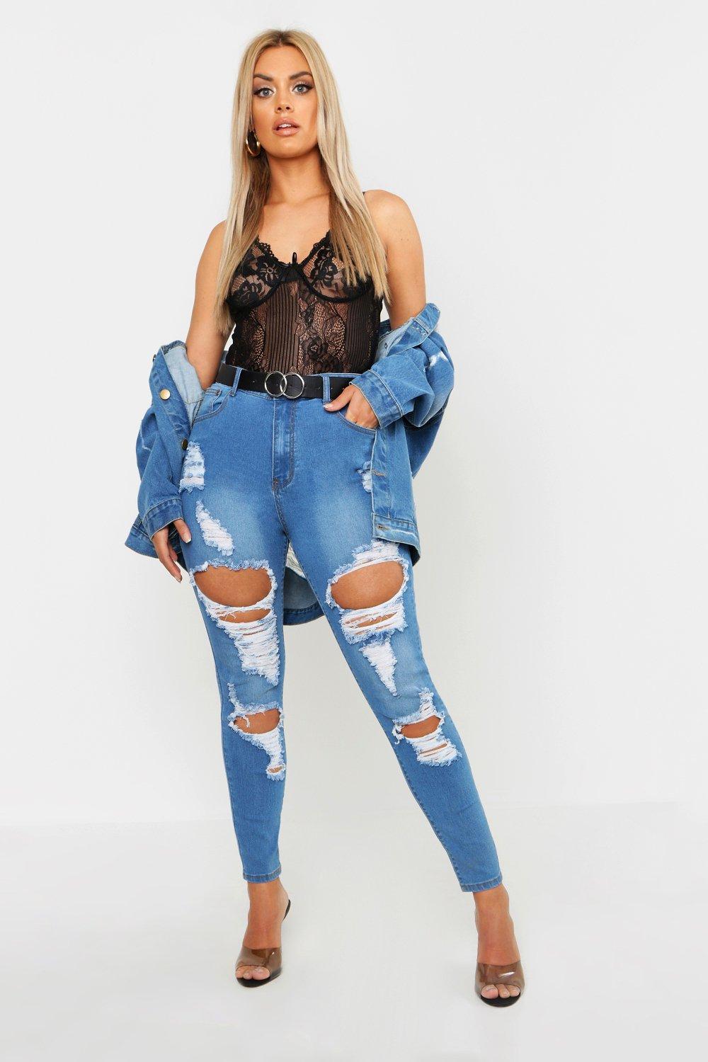 Plus Distressed High Waisted Stretch Skinny Jeans | boohoo